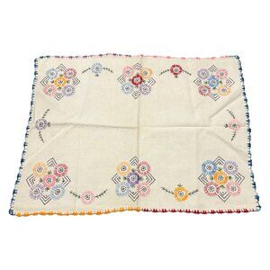 Vintage Embroidered Table Center Small Rectangular Cloth Colorful Crocheted Trim